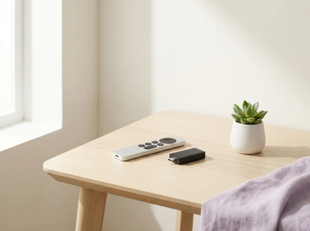 Télécommande Fire TV Stick pointée vers un téléviseur avec interface d'applications