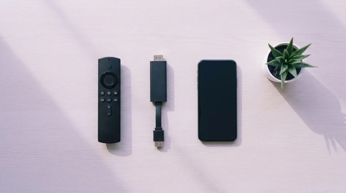 T&eacute;l&eacute;commande, cl&eacute; de streaming et smartphone pos&eacute;s sur une table en bois clair